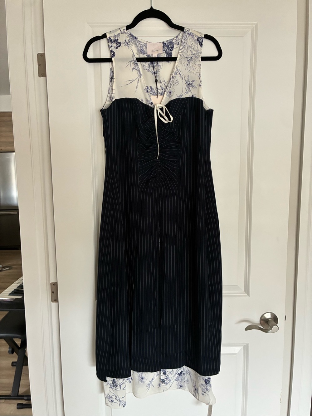 Cinq a Sept Floral Contrast Navy Pinstripe Midi Dress